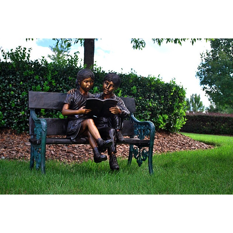 Bronze Children Reading on Bench Sculpture