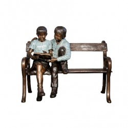Bronze Children Reading on Bench Sculpture - A