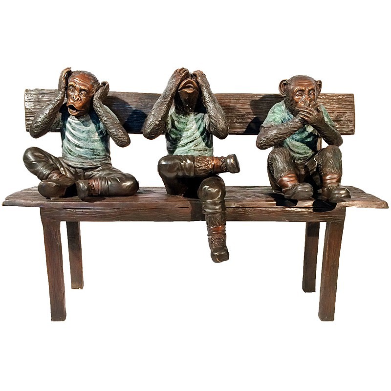 Bronze Three Wise Monkeys on Bench Sculpture