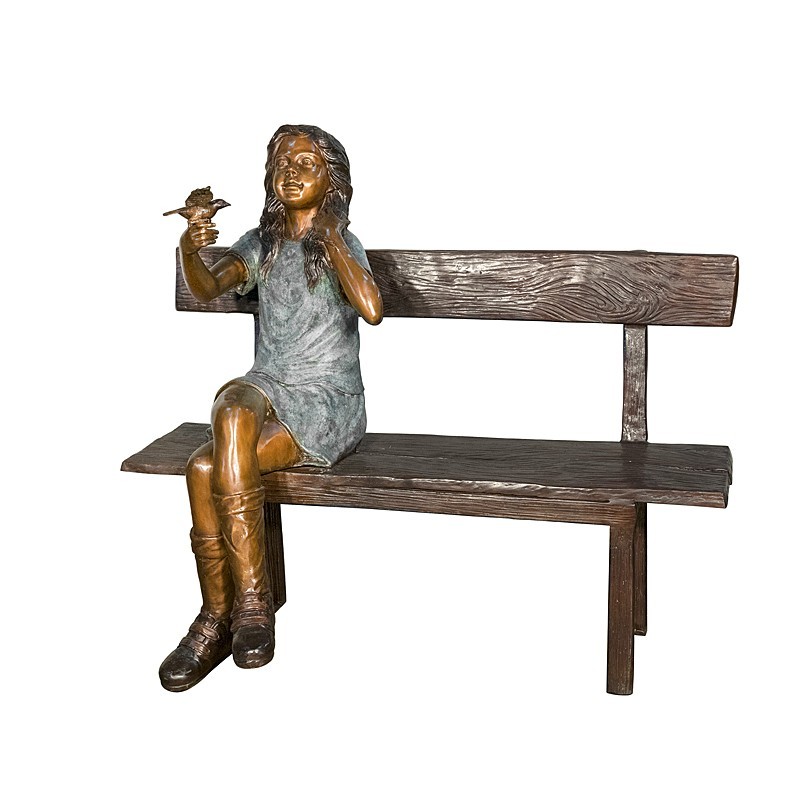 Bronze Girl on Bench holding Bird Sculpture