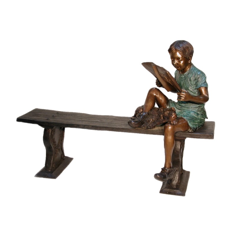 Bronze Boy & Dog Sitting on Bench Sculpture