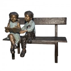 Bronze Two Kids Reading on Bench Sculpture