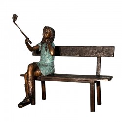 Bronze Girl Taking Picture on Bench Sculpture