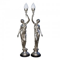 Bronze Lady Torchiere on Column Sculpture Pair - Silver Finish