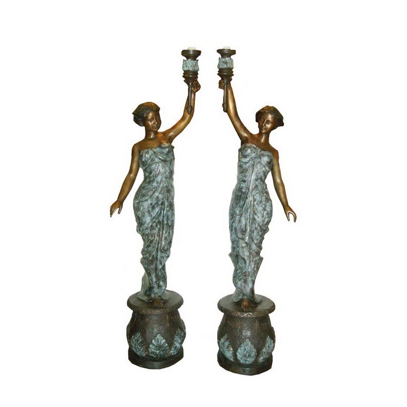 Bronze Lady Holding Torchiere on Pedestal Sculpture Pair