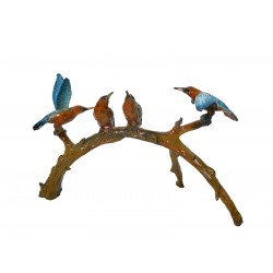 Bronze Table Top Colorful Hummingbirds on Branch Sculpture