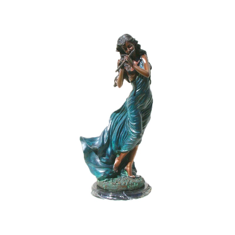 Bronze Table Top Girl playing Flute Sculpture
