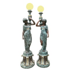 Bronze Lady holding Urn Torchiere Sculpture Pair