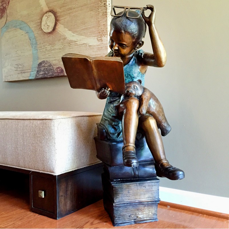 Bronze Girl Reading on Books Sculpture
