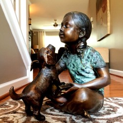 Bronze Girl Sitting with Dog Sculpture