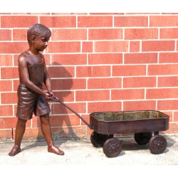 Bronze Boy pulling Wagon Planter Sculpture
